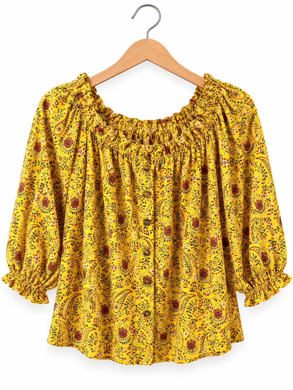 Mellowday Yellow Paisley Peasant Blouse M Boho Cottagecore Puff Sleeve Top